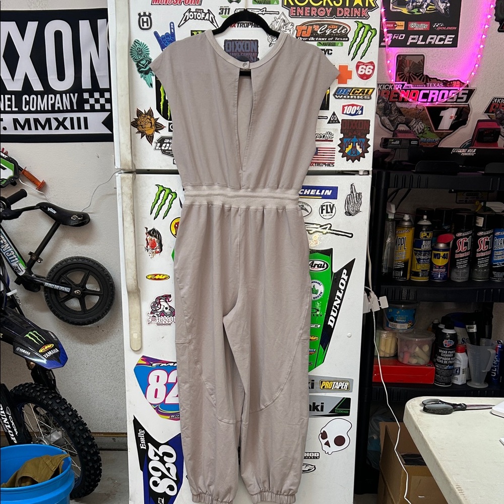 Beige Cotton Blend Jumper w/ Pockets | Drawstring Waist (S)